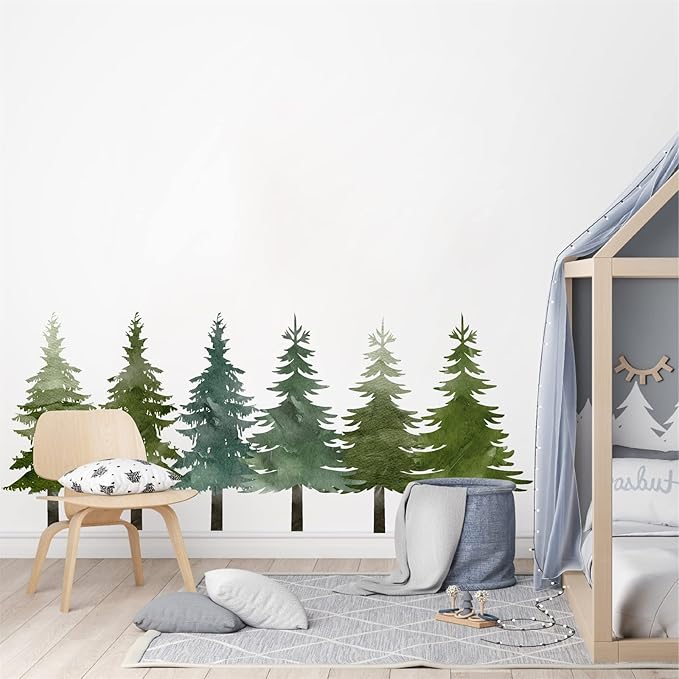 Watercolor Pine Tree Wall Stickers Large Tree Wall Decals Peel and Stick Green Trees Decals Christmas Trees Sticker Woodland Forest Trees Sticker for Nursery Bedroom Kids Room Decor