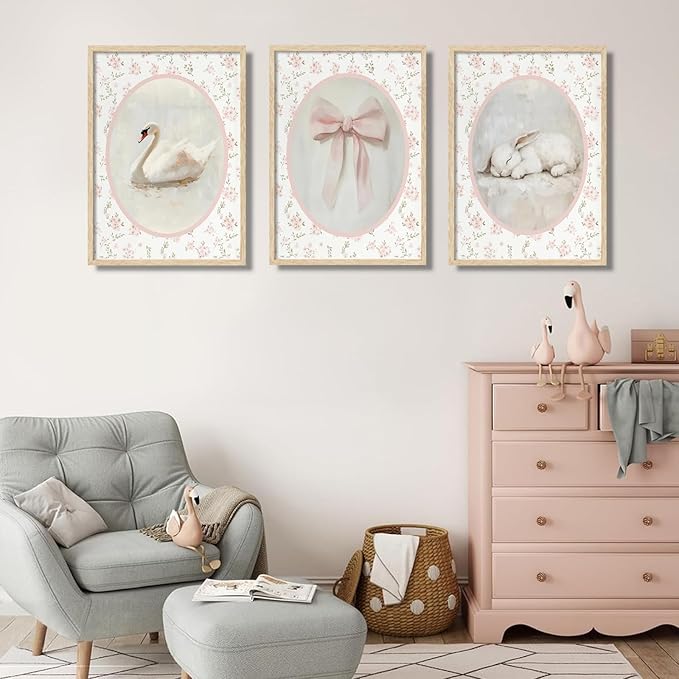 3Pcs Pink Vintage Nursery Wall Art Cute Animal Rabbit Swan Bow Flower Canvas Posters Prints Baby Girl Room Picture Wall Decor for Girls Room Bedroom Decorations Unframed