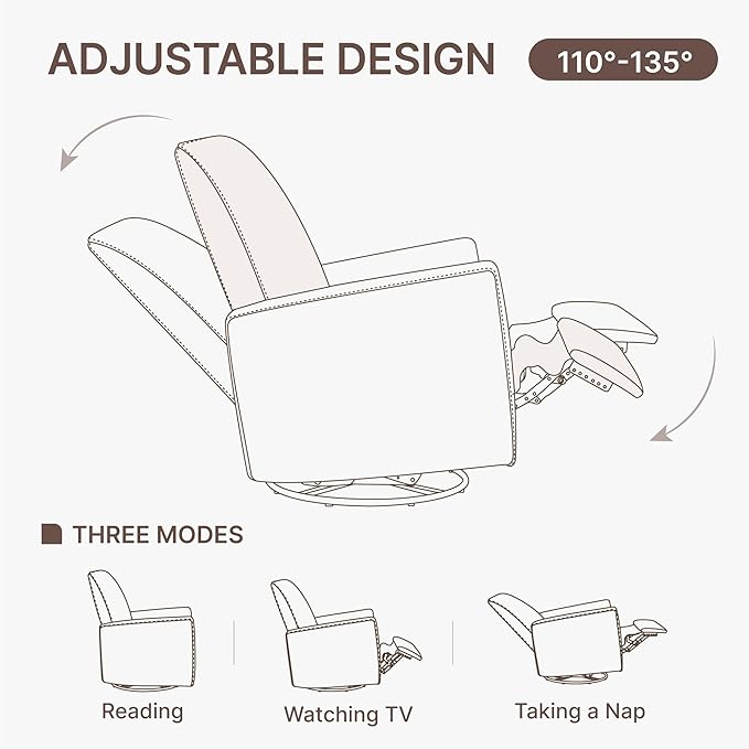 Swivel Rocker Recliner Chair, Nursery Glider Recliner Manual Rocking Comfy Upholstered Fabric Reclining Single Sofa for Nursery Bedroom Living Room