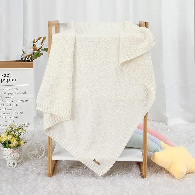 LAWKUL Knit Baby Blankets White Cable Newborn Babies Receiving Blanket Infant Boy Girl Soft Swaddle for Crib Stroller 40"x30"