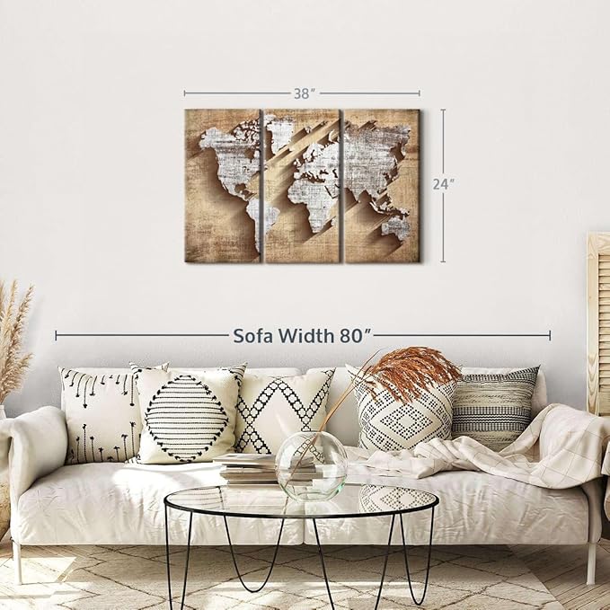 ElephantStock Dimensional World Map II Multi Piece Canvas - 3 Piece Canvas World Map Wall Decor - Wall Decor, Ready-to-Hang Print - Vintage Wall Art - 38" X 24"