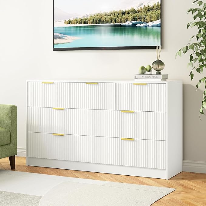 7 Drawers Dresser for Bedroom,55" Wide Fluted Dresser with Deep Drawers, Modern Chest of Drawers, Wood TV Stand Storage Organizer for Closet, Living Room, Hallway, White