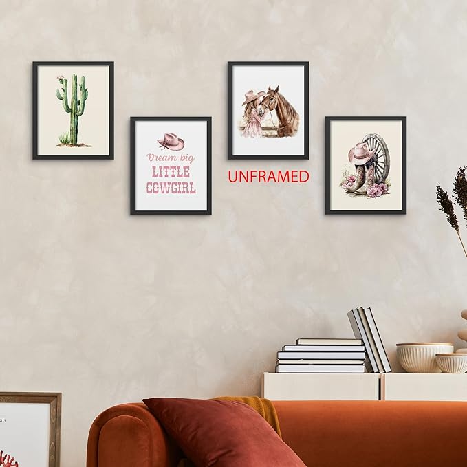 Hxlac Western Cowgirl Wall Art Prints Set of 4 UNFRAMED - Pink Boot Cactus Wall Decor, Cowgirl & Western Room Decor, 8x10 Inches
