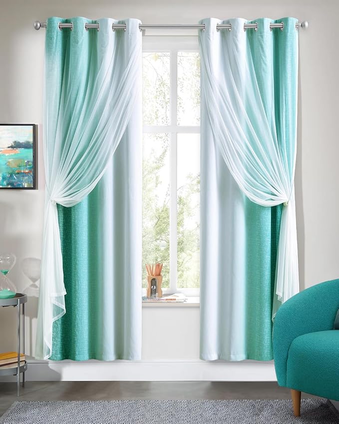 100% Blackout Curtains with Sheer Overlay Mix and Match Double Layer Drapes 72 Inch Length 2 Panels for Bedroom Living Room Teal White Ombre Grommet Window Treatment with Tiebacks