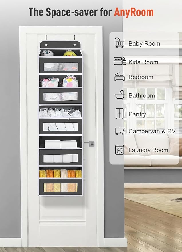 2 Pack Over The Door Organizer Storage, 5 Shelf Hanging Door with 5 Large Capacity Pockets, Anti Tilt 48 lb Load Behind Door Organizer for Bedroom, Bathroom, Pantry, Nursery
