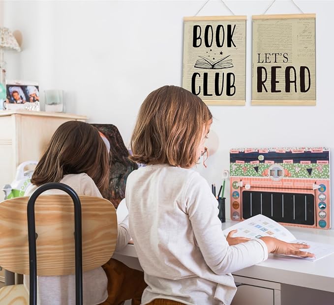 ULEGIE Book Club Let's Read Wall Art - Vintage Classroom & Library Decor, Reading Corner, Framed Wall Poster 2 Pack, 12x16 Inch