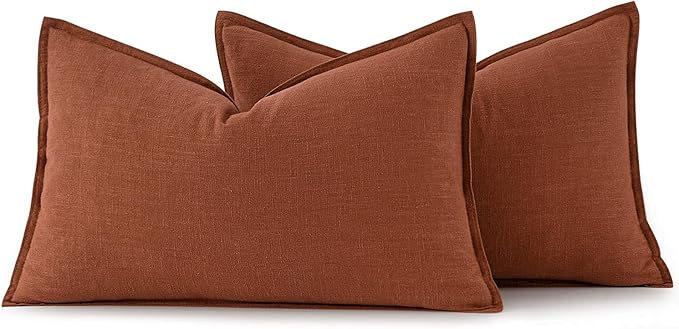 MIULEE Decorative Linen Lumbar Pillow Covers 12x20 Inch Rust Boho Farmhouse Neutral Couch Throw Pillows for Bed Pack of 2 Accent Modern Pillowcase Summer Sofa Livingroom Home Decor