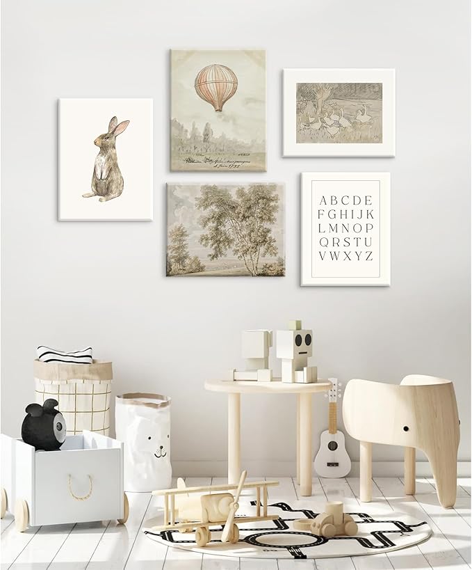 Vintage Nursery Wall Art Children Room Canvas Wall Decor Country Posters Botanical Prints Vintage Landscape Pictures Kids Child Wall Art Neutral Artwork for Playroom Bedroom 8x10x5 Inch Framed