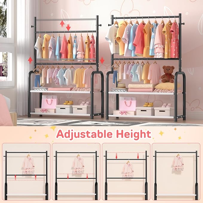 Kids Clothing Rack with 2-Layer Storage Shelf and 2 Adjustable Hanging Rods, Small Baby Closet Organizer for Hanging Clothes, Kids Dress Up Rack for Child (Classic, Black)