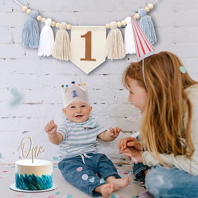Baby Boy 1st Birthday Party Decorations For Handmade Tassel Garland Highchair Banner With Cake Topper Crown Hat