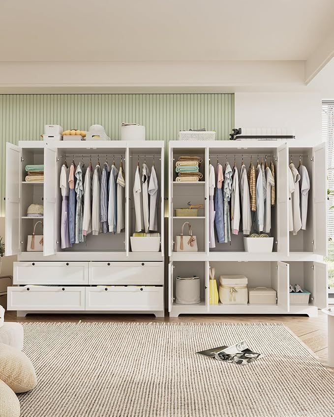 8 Door Modular Wardrobe Closet - 71" Tall Large Armoire with Hanging Rod, Freestanding Large Capacity Clothing Wardrobe Cabinet w/Handles for Bedroom White