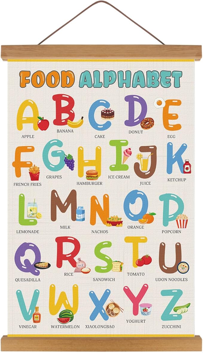 KAIRNE Food Alphabet Wall Decoration,Alphabet Poster,Colorful ABC Art Prints,ABC Canvas With Magnetic Hanger Frame(35”X56”),Educational Chart Wall Art for Toddler Classroom Kids Room Playroom Decor