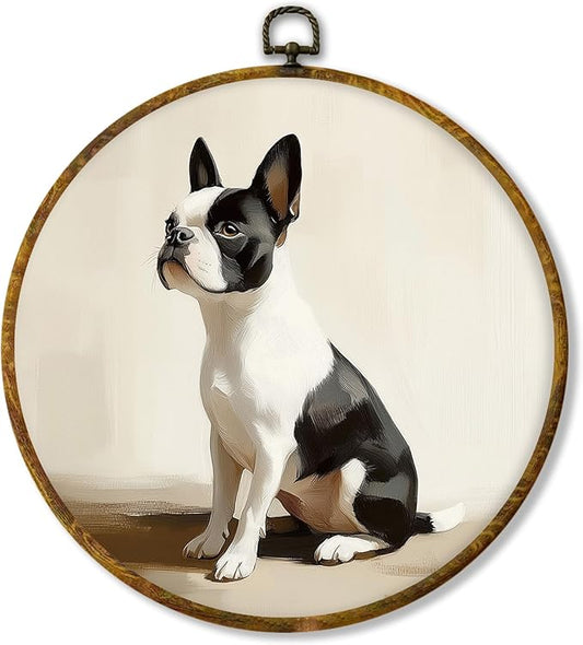 Hiuwevt Vintage Boston Terrier Dog Round Wall Art Decor, Cute Neutral Boston Terrier Framed Canvas Prints, Retro Dog Round Wall Hanging Decor for Home Bedroom Living Room Decorations, 10x10 Inches