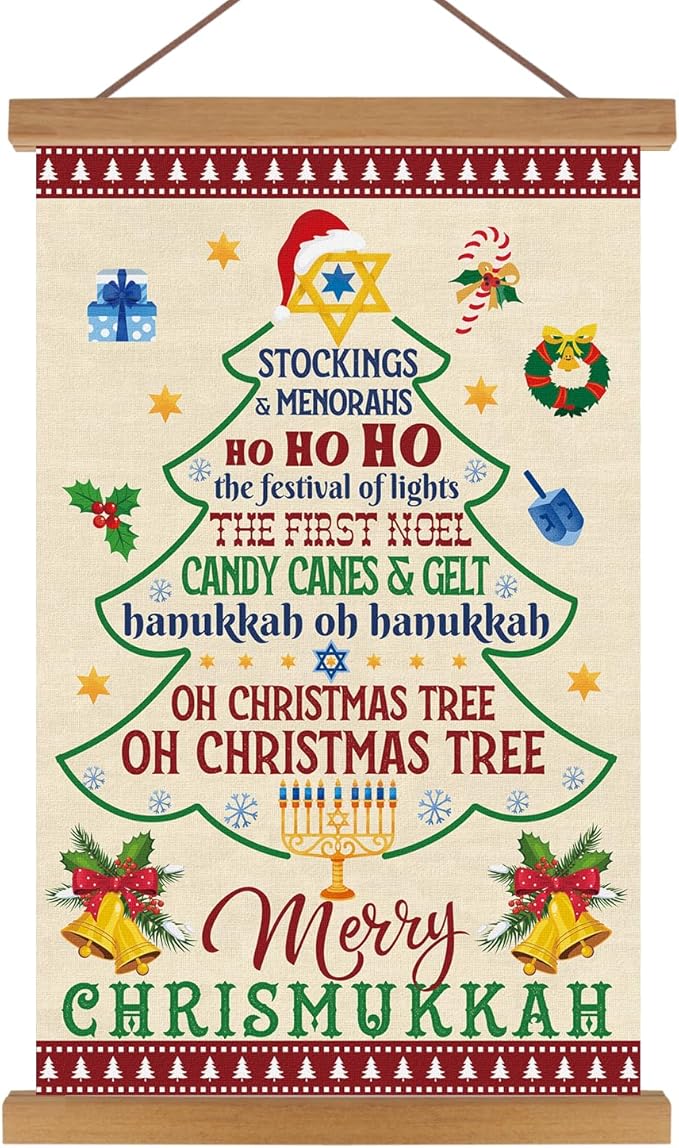 KAIRNE Merry Christmas Wall Art,Colorful Christmas Tree Poster(13.7X22 inch),Hanukkah Wall Decor with Wood Magnetic Hanger,Christmas Gifts for Holiday Party Living Room Bedroom Office Coffee Decor