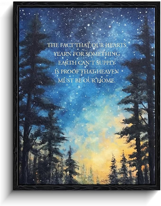 Christian quote wall art, heaven our home message, starry night forest wall decor, matte finish framed canvas print, christian poster artwork, for living room prayer room gift, 12x15 inch