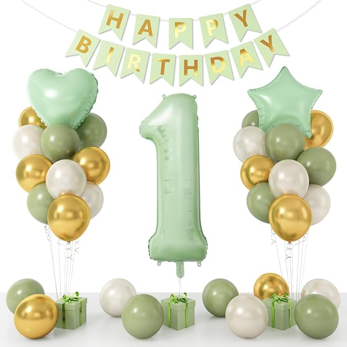 1st Birthday Decoration for Boys Girls, Sage Green White Gold 1st Birthday Balloon with 40 Inch Number 1 Balloon Star Heart Balloons and Happy Birthday Banner for Baby 1 Year Old Birthday Party Decor
