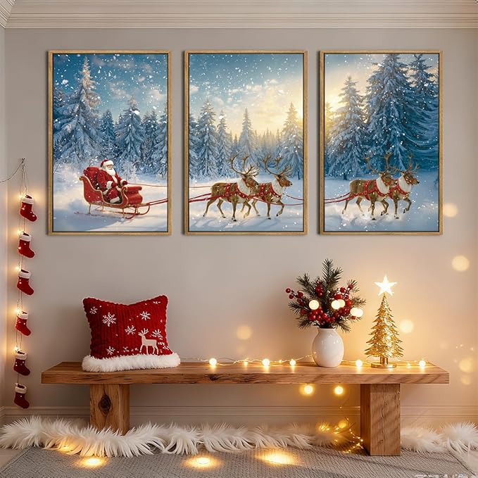 Framed Christmas Wall Art Santa Claus Wall Art Santa Winter Artwork for Living Room Bedroom Dining Room 16x24 Inches Set of 3