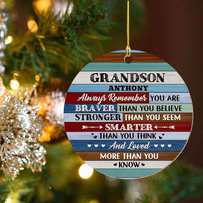 wowcugi Personalized Grandson Ornament for Christmas Tree Custom Inspirational Grandsons Wood Ornaments Xmas Tree Decorations Keepsake Gifts for Grandbaby from Grandparent Grandpa Grandma