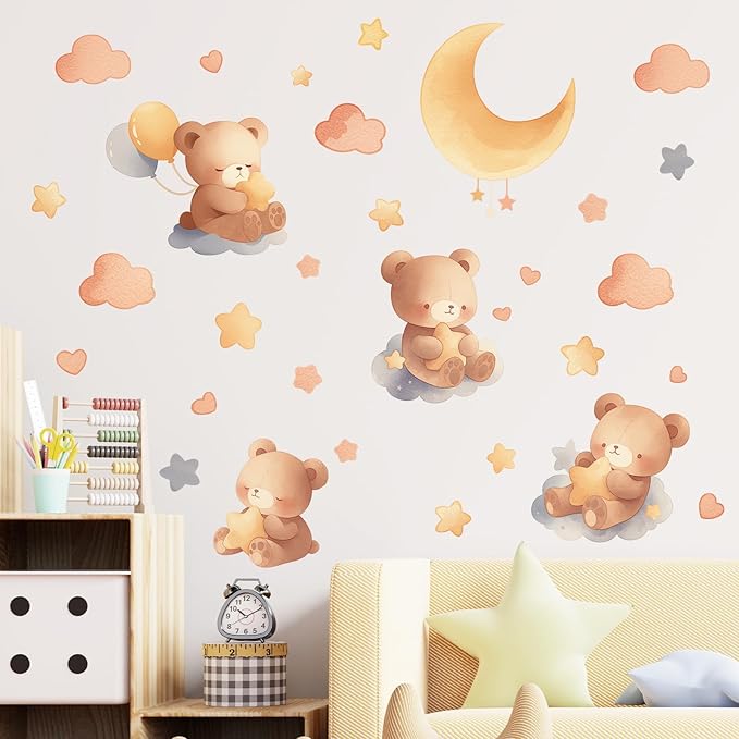 Cartoon Bear Moon Star Cloud Balloon Wall Decals Nursery Preschool Wall Stickers for Kid Baby Removable Peel and Stick DIY Wall Art Decor Decoration for Living Room Bedroom Playing Room