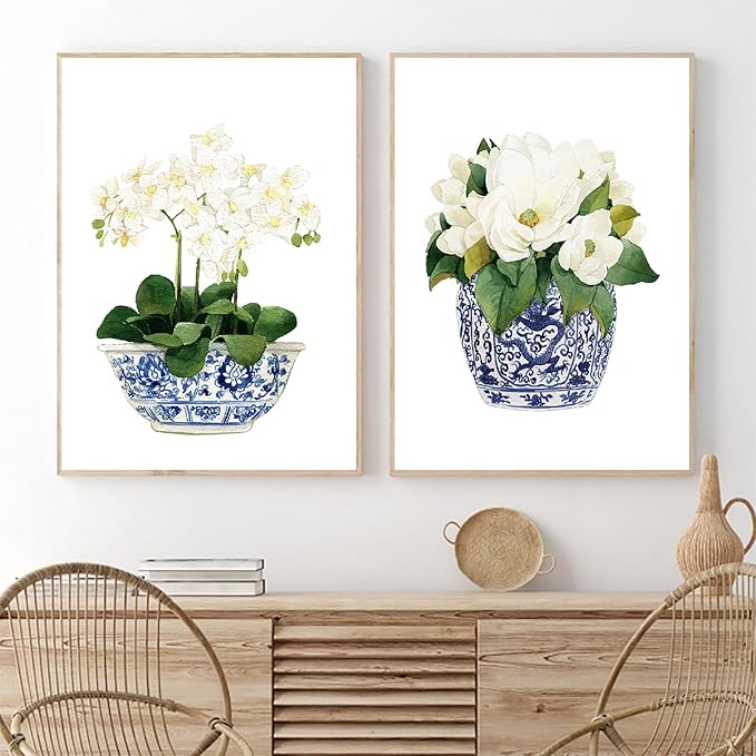 White Orchid & Magnolia Watercolor Art Canvas Blue And White Chinoiserie Wall Art Print Oriental Vase Blue White Willow Style Porcelain Flower Jar Picture Poster Decor Unframed (12x16Inch Unframed)