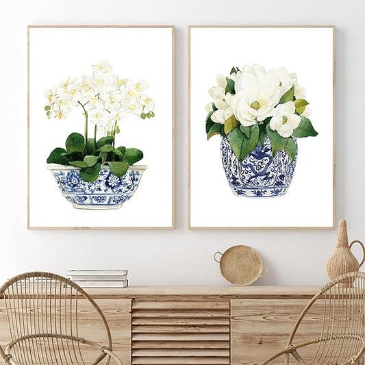 White Orchid & Magnolia Watercolor Art Canvas Blue And White Chinoiserie Wall Art Print Oriental Vase Blue White Willow Style Porcelain Flower Jar Picture Poster Decor Unframed (12x16Inch Unframed)