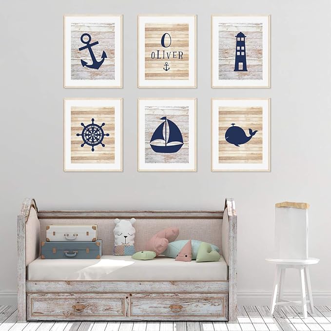 Andaz Press Personalized Ocean Nautical Sailor Theme Nursery Kids Bedroom Hanging Wall Art Decor, 8.5x11-inch, Rustic Distressed Wood, Anchor, 6-Pack, Custom Name Unframed Room Poster