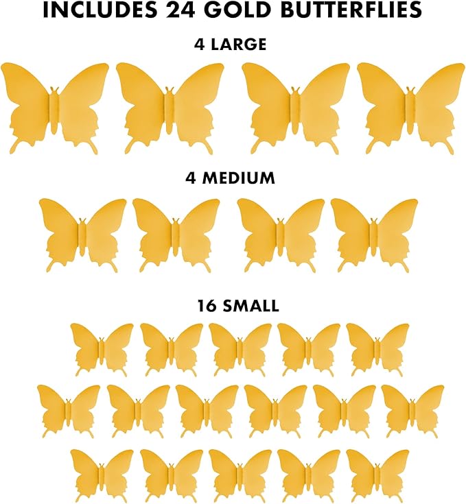 Butterfly Wall Decal Room Decor, Gold Butterfly Wall Decor 24 pcs, Party Decor, Wedding Decoration, Aesthetic Butterflies Stickers for Bedroom