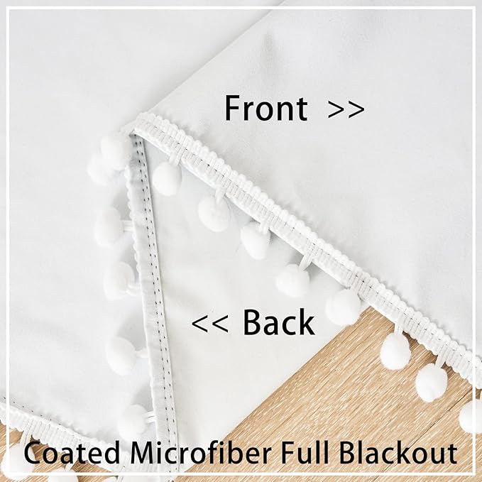Treatmentex White Blackout Curtains for Living Room 95 inch Energy Saving Window Curtains Pom Pom Thermal Curtains Triple Weave Nursery Girl's Room Curtains 52" W Rod Pocket 1 Pair