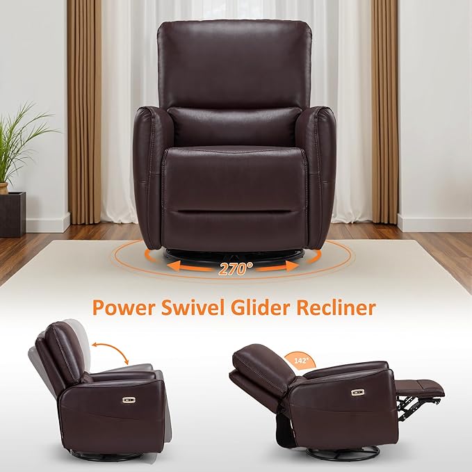 MCombo Swivel Glider Rocker Power Recliner Chair with Lumbar Support, Faux Leather Electric Nursery Glider Recliner Chair for Living Room, 6922 (Dark Brown)