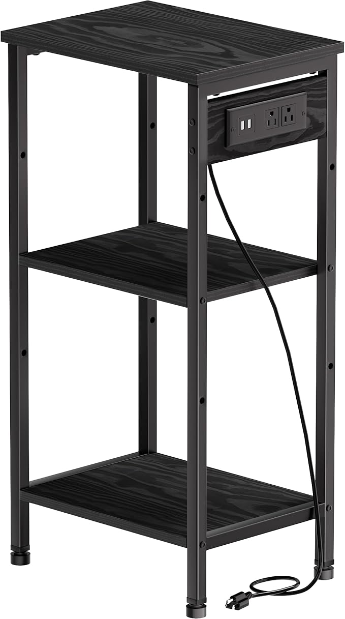 Tall Nightstand with Charging Station, 3 Tier Narrow Tall End Table with Storage, Slim Side Table with USB Ports and Outlets for Bedroom, Living Room, Office, Black