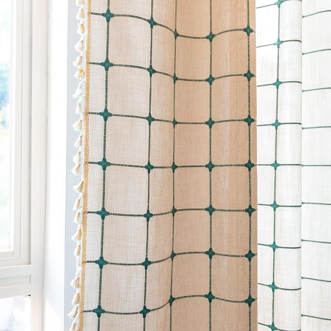 Deeprove Boho Curtains 63 Inches Length for Kitchen Cafe, Cotton Linen Plaids Beige Turquoise Teal Embroidery Semi Blackout Bohemian Farmhouse Window Treatment Grids Drape Tassels, 1 Panel W52 x L63