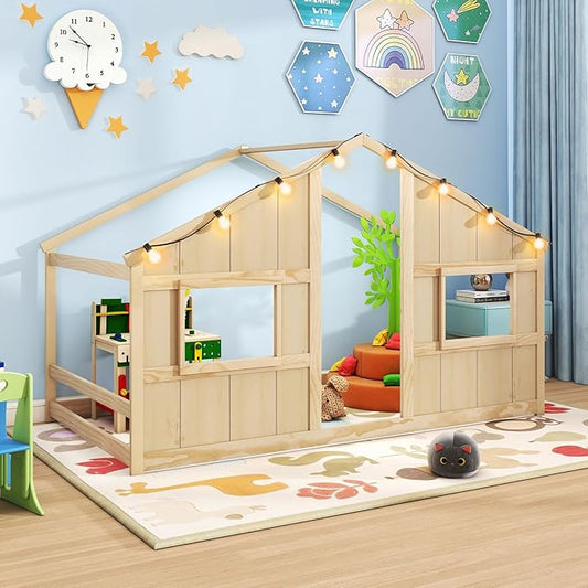 Twin Montessori Floor Bed with Roof, LED Light, Wood House Bed Frame with Headboard and 2 Windows, Low to Ground Cute Playhouse Bed for Kids, Girls, Boys, Without Slats (Natural)