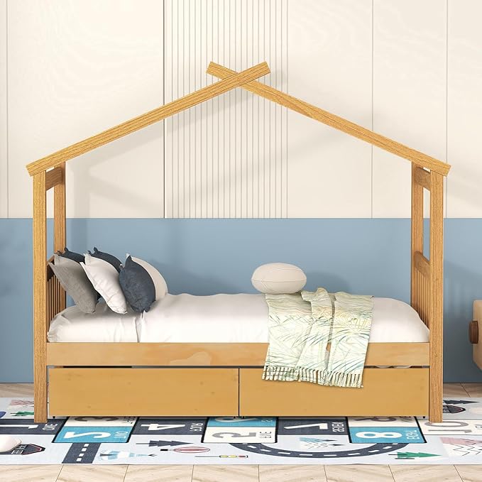 Merax Twin Size Wooden House Bed with Two Drawers, Wood Bed Frame with Roof for Kids, Teens, Boys or Girls, Natural