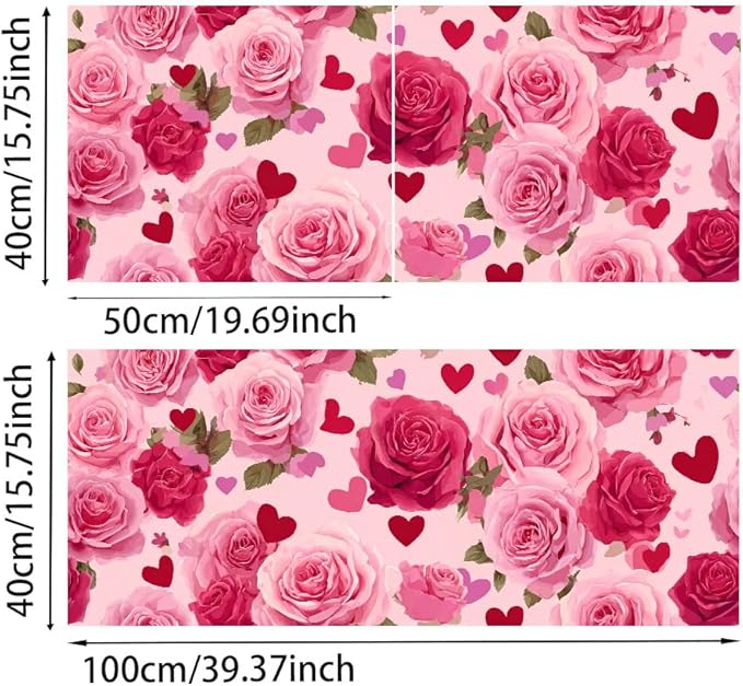 Rose Heart PVC Wallpaper Sticker 39.37x15.75 Inch Pink Flower Pattern Self Adhesive Decorative Wall Decal for Bedroom Living Room Valentine Home Decor
