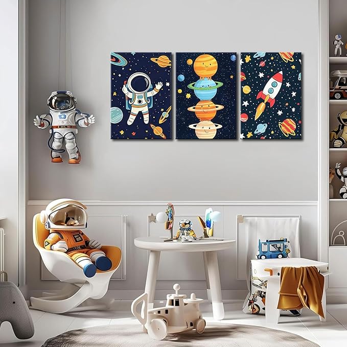 3Pcs Space Nursery Canvas Wall Art Whimsical Outer Space Astronauts Kid Decor Pictures Rocket Planet Posters Prints for Boys Room Girls Room Kids Room Decoration