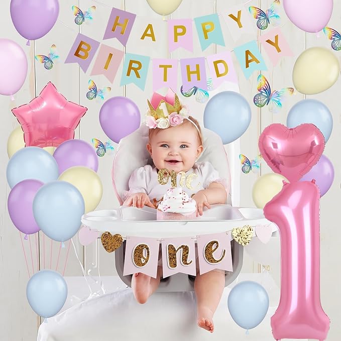 1st Birthday Decoration for Girls, Pastel Macaron 1st Birthday Balloon, Pink Number 1 Balloon with Butterfly Stickers, Star Heart Foil Balloons Banner Set for Baby 1 Year Old Birthday Party Decor