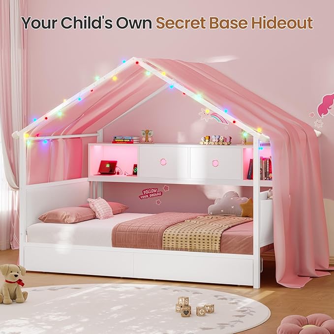 Hasuit Corner Twin House Bed Frame with Storage Drawers & Bookcase, House Shaped Metal Beds with Charging Station & LED Light, Corner Bed with Upholstered Headboard, Twin Size Bed for Kid Teens, White