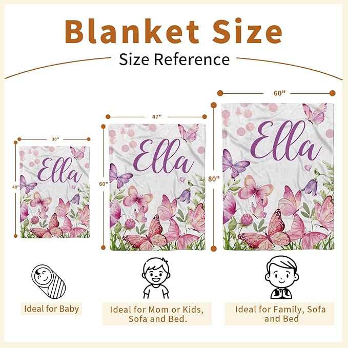 Personalized Baby Blanket for Girls, Custom Name Blanket for Newborn New Mom, Soft Flannel with Double Layer Dotted Backing, Ideal Gifts for Baby Shower Christmas Birthday, Butterfly(60" x80)