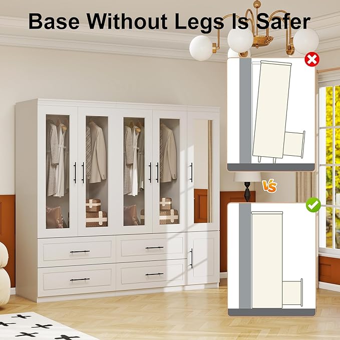 5 Door Armoire Wardrobe Closet with Mirror, Wood Wardrobe Closet with Glass Door Combination Bedroom Armoire 4 Drawer with Hanging Rods for Home/Bedroom/Living Room