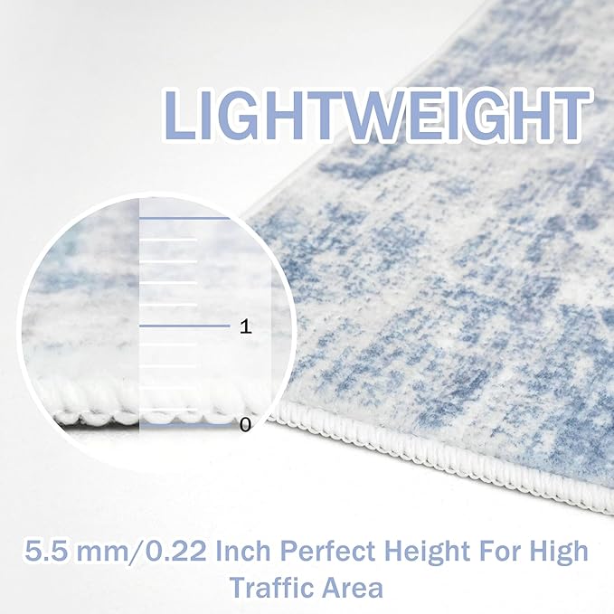 IOHOUZE Abstract Area Rugs 9x12 Ft Washable Large Rugs for Living Room, Non Slip Dining Room Rug, Printed Faux Wool Rugs for Bedroom, Floor Carpet for Office Nursery Playroom, Light Blue White