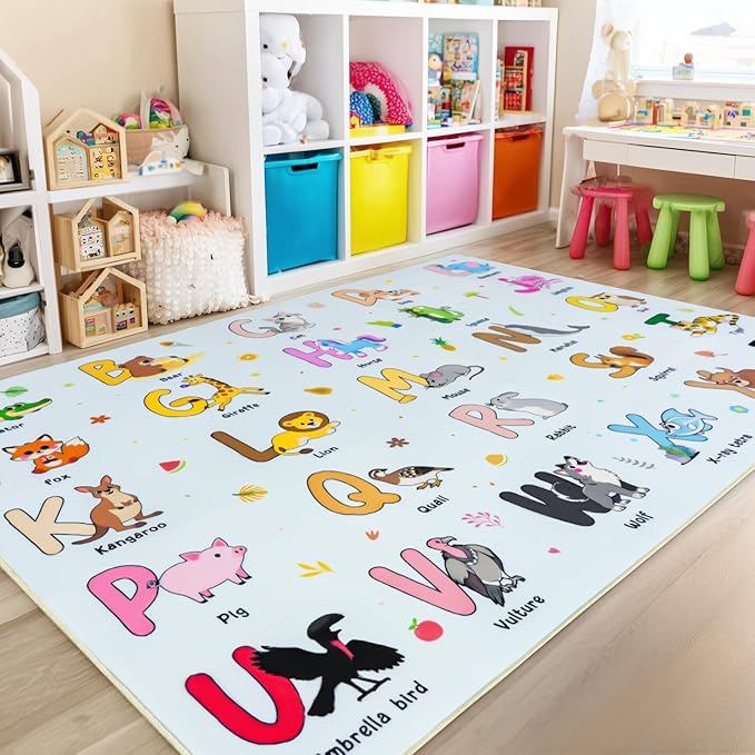 Kids Rugs for Playroom, 5x7 Feet Educational Rug for Learn The ABC Alphabet, Soft Machine Washable Non-Slip Cute Cartoon Animals Carpet for Classroom Toddler Nursery Kids Room Decor, Blue