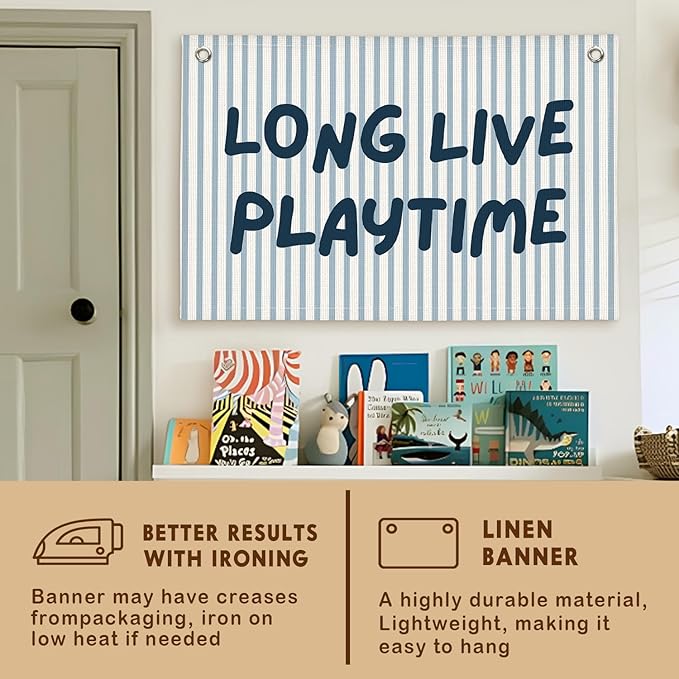 Lacama Playroom Decor, Play Room Wall Decor, Blue Long Live Playtime Linen Banner Wall Hanging, Boho Cute Banner Flag Decor for Nursery Boys Room 30x20 Inch