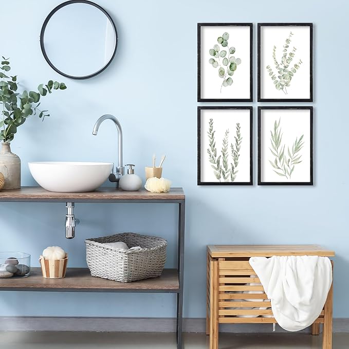 Botanical Wall Decor Sign 16x11 Inch Set of 4 Sage Green Plants Wood Framed For Bathroom Modren Bedroom Aesthetic Watercolor Laundry Room Art Wall Hanging (Black)