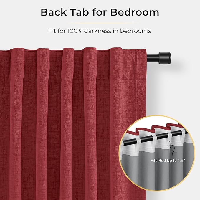 INOVADAY 100% Blackout Curtains for Bedroom, Black Out Curtains 96 Inch Long, Clip Rings Linen Blackout Drapes, Thermal Insulated Room Darkening for Living Room, 2 Panels - Ruby Red,W50xL96