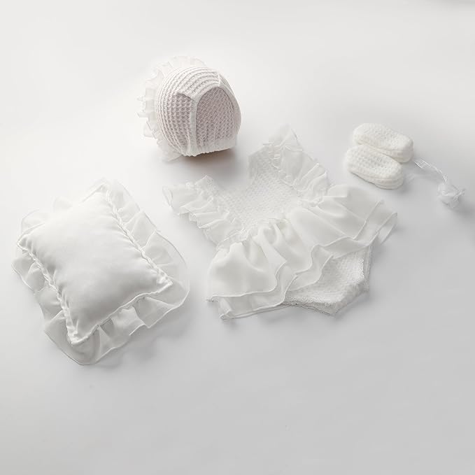 Holibeat Baby Girl 4PCS Photography Props (Romper+Pillow+Hat+Shoes) Newborn Girl Christmas Lace Photoshoot Outfits Infant Posing Props (white)