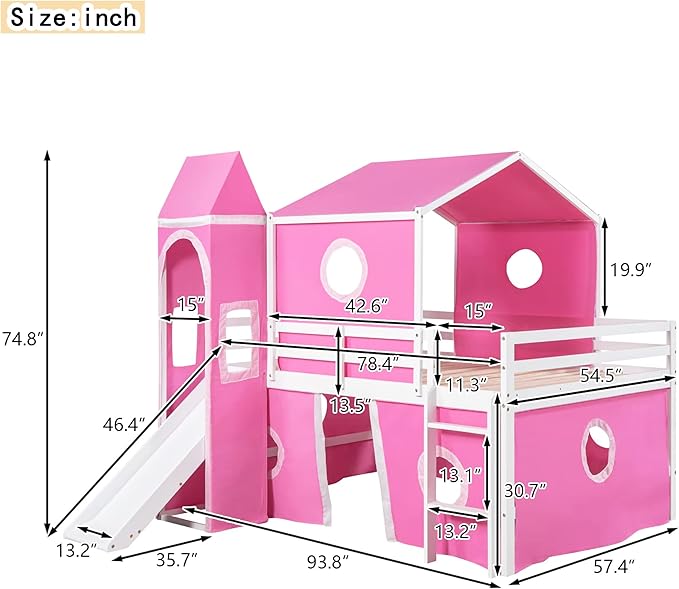 Playhouse Design Full Size Low Loft Bed with Slide & Tent and Tower, Solid Wood Tent Bed Frame for Kids Boys Girls, Versatile Spacious Under Bed Space with Curtains (Pink-TE)