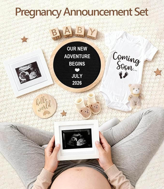 Pregnancy Announcement, Baby Announcement Ideas Set Include Letter Board, Baby Bodysuit, Booties, Sonogram Frame, Wooden Sign, Bear & Wood Blocks, Gender Reveal Photo Props Coming Soon Announcement