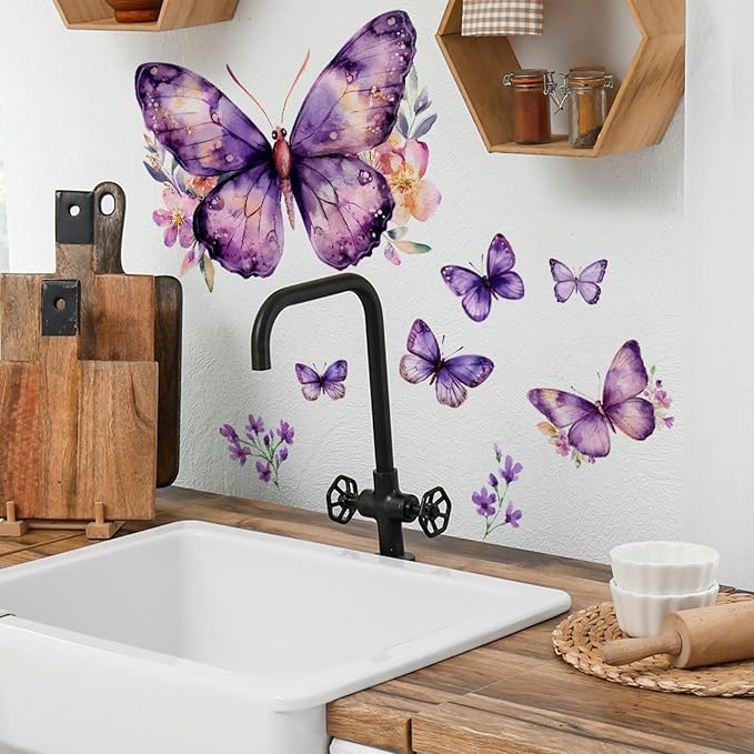 Purple Butterflies Wall Stickers Pink Flower Wall Decals, Removable Peel and Stick Wall Art Murals for Girls & Boys Bedroom,Nursery Bathroom Playroom Living Room