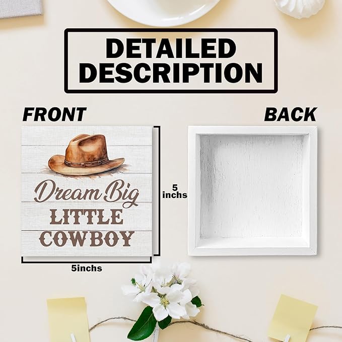 Western Cowboy Wood Box Sign, Dream Big Little Cowboy, Brown Wooden Block Plaque Box Sign, 5x5 Inches, Tabletop Decor