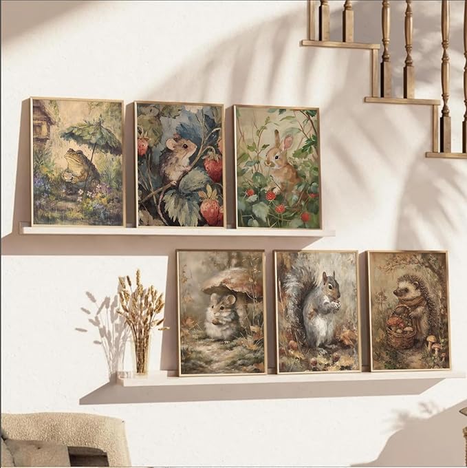 6 Pcs Woodland Animal Nursery Canvas Wall Art Vintage Forest Animal Nursery Paintings Posters Rustic Cottagecore Bunny Pictures for Gallery Kids Room Girls Boys Home Decoration (8x10inch Unframed)